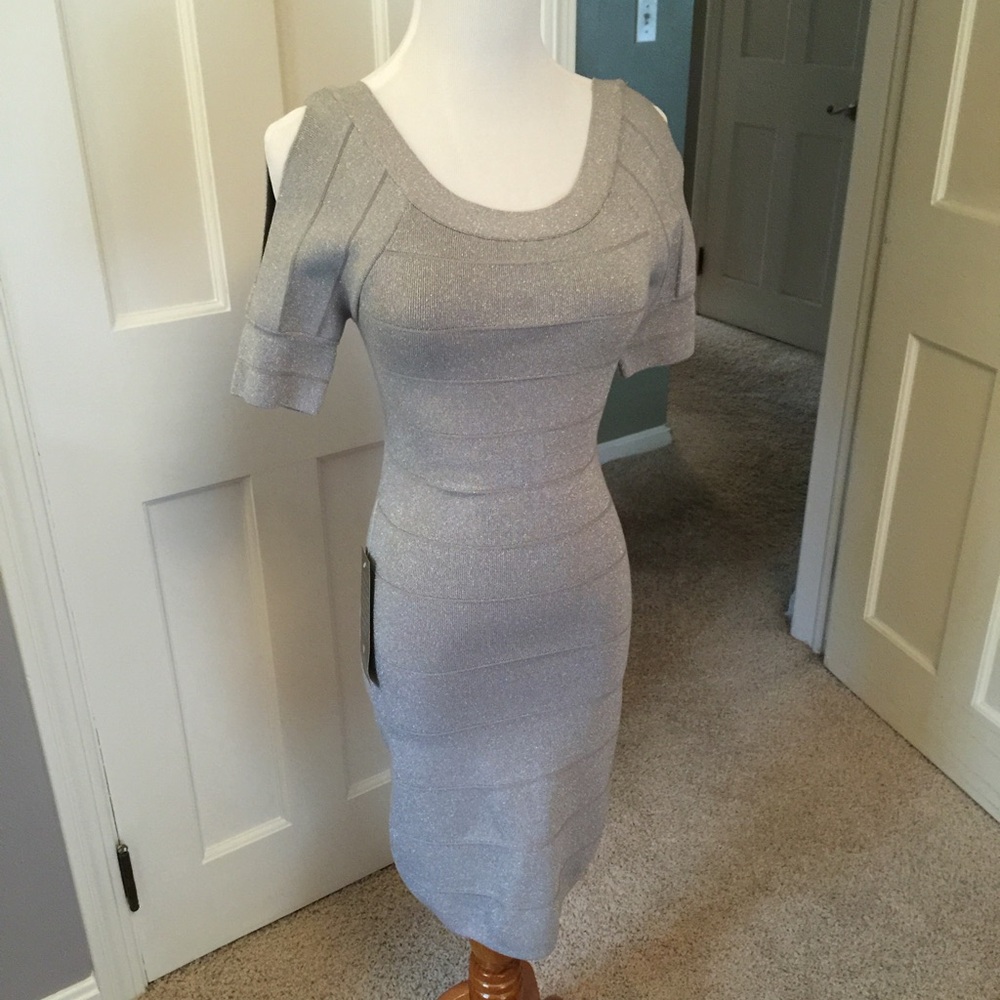 bebe Silver Off-Shoulder Dress
